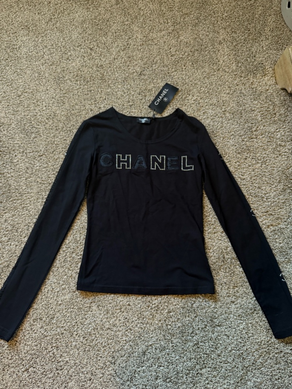 CHANEL Black Long-Sleeve Logo Tee with Crystal-Embellished Lettering